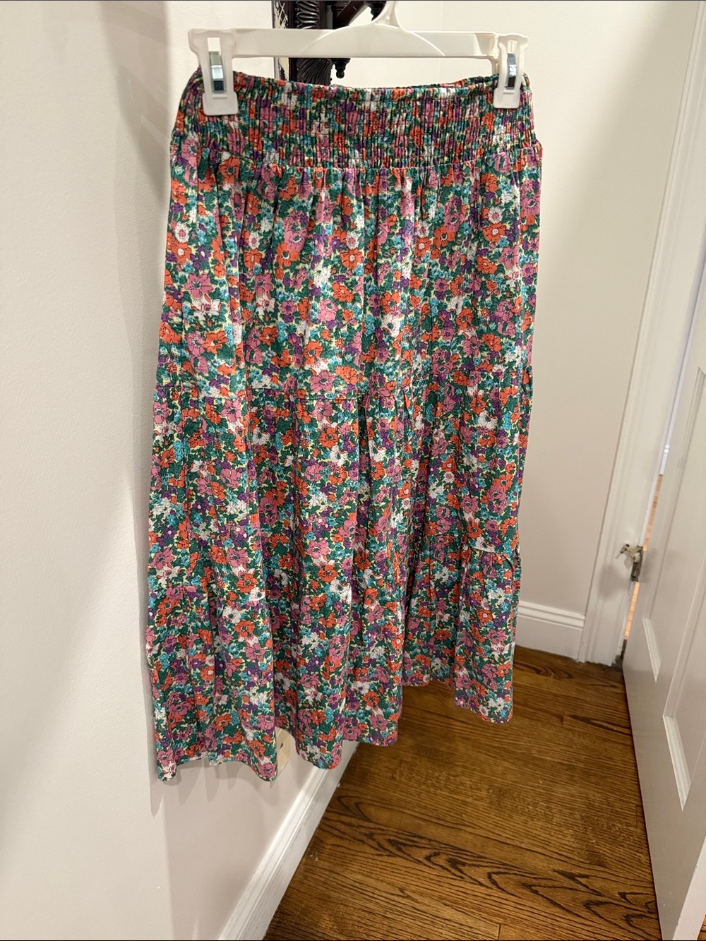 Floral Maxi Skirt with Elastic Waist in Pink & Green